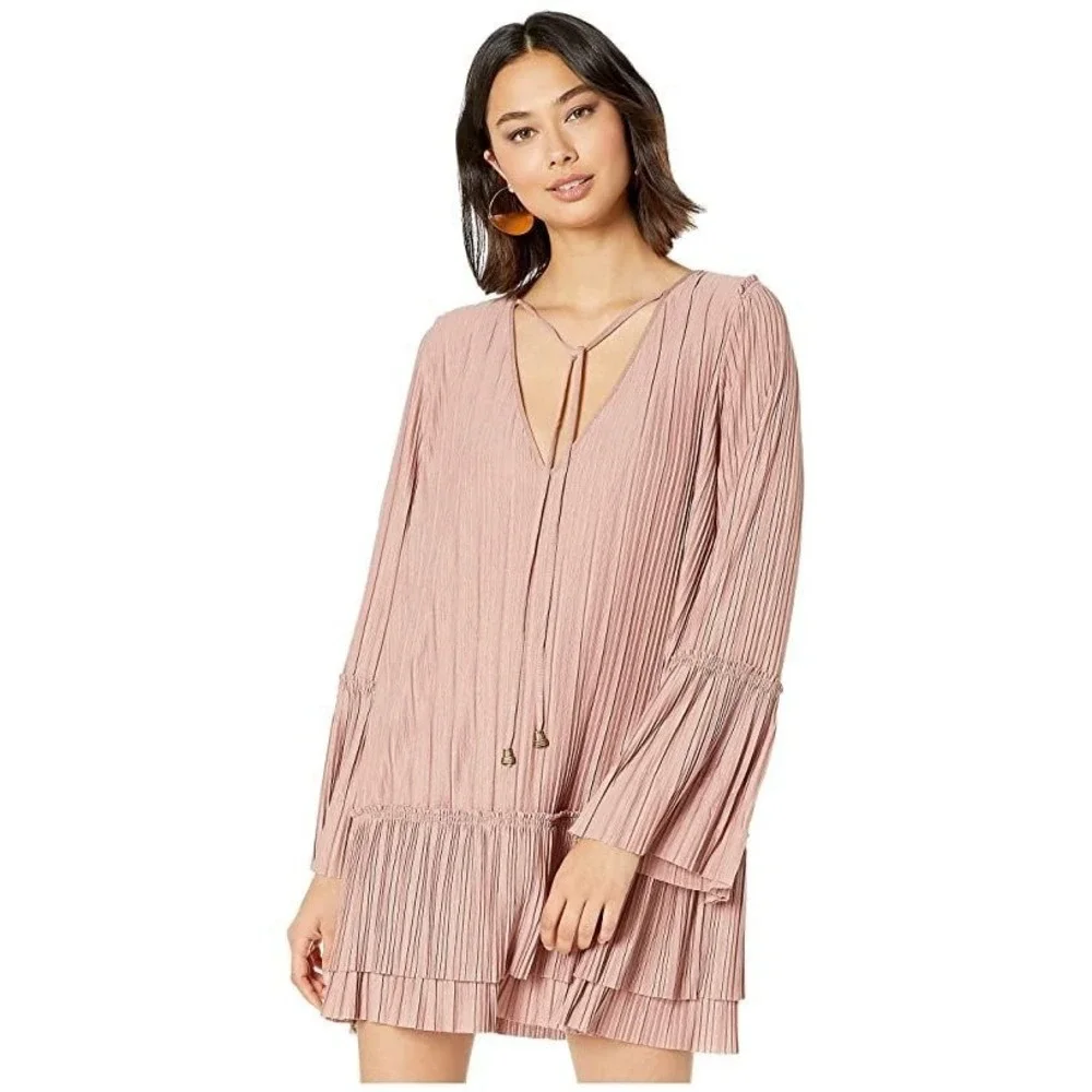 Free People Cant Help It Pleated Boho Babydoll Festival Romantic Mini Dress Sz L